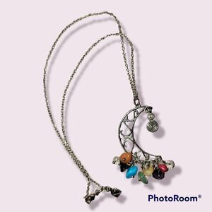Moon Pendant with Stones and Silver Chain (N8)